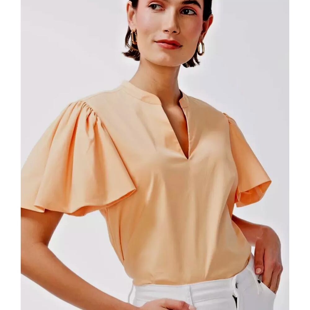 Chico's Solid Puff-Sleeve Poplin Blouse Top Soft Tangerine NWT 3